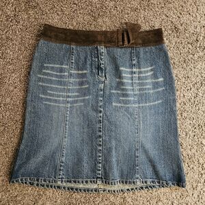 Kenneth Cole Blue Denim Skirt with Brown Waistband